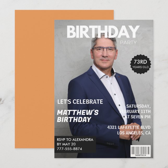 Convites Capa de Revista Moderna para ele Foto de aniversár (Frente/Verso)
