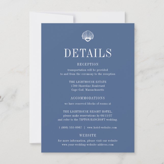 Convites CAPE COD Coastal Blue Wedding Details Card (Frente)