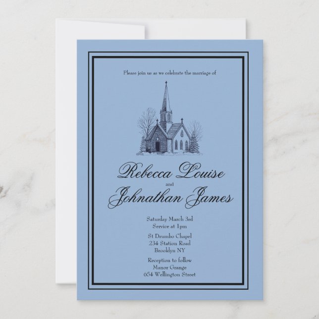 Convites Capela da Igreja Azul Empoeirada Casamento Minimal (Frente)