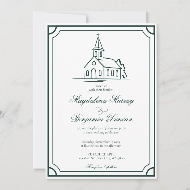 Convites Capela de casamento cristã verde esmeralda escuro (Frente)