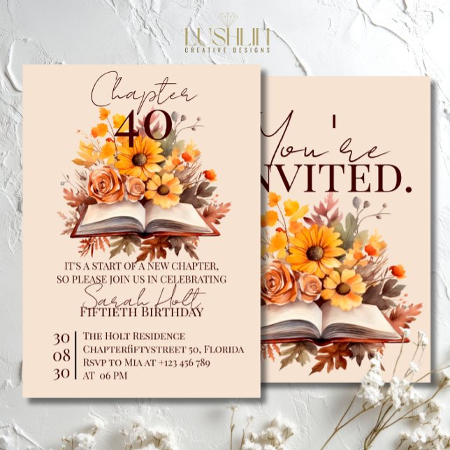 Convites Capítulo 40 Aniversário – Livro Aberto com Flores  (Criador carregado)