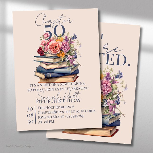 Convites Capítulo 50 Aniversário de Pilha de Livros com Flo (Criador carregado)
