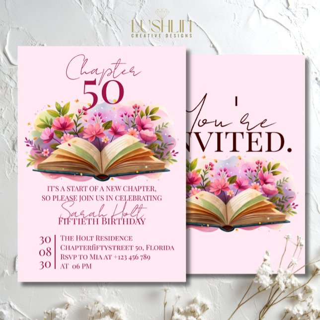 Convites Capítulo 50 Aniversário – Livro Aberto com Flores  (Criador carregado)