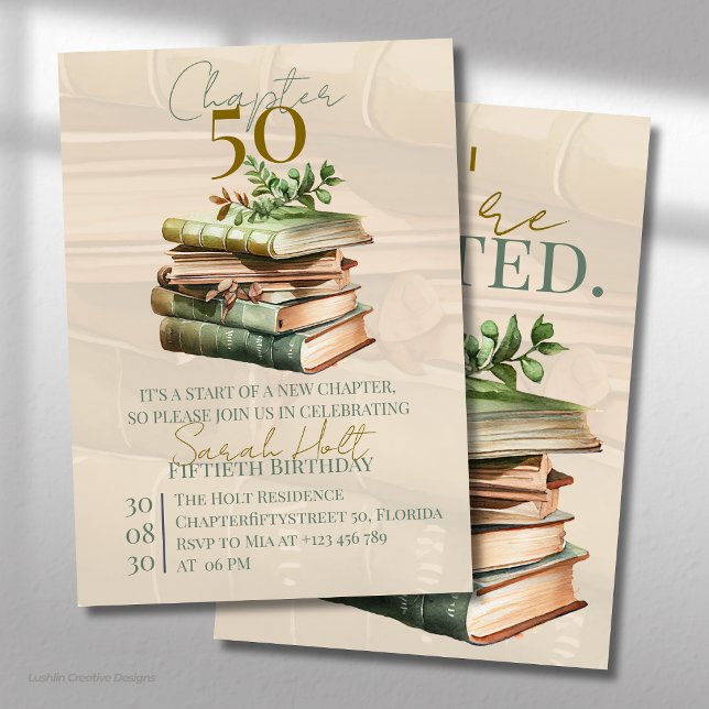 Convites Capítulo 50 Aniversário | Livros Empilhados & Folh (Criador carregado)
