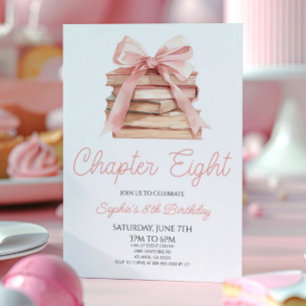 Convites Capítulo Oito Livros com Laço Rosa Festa de Aniver