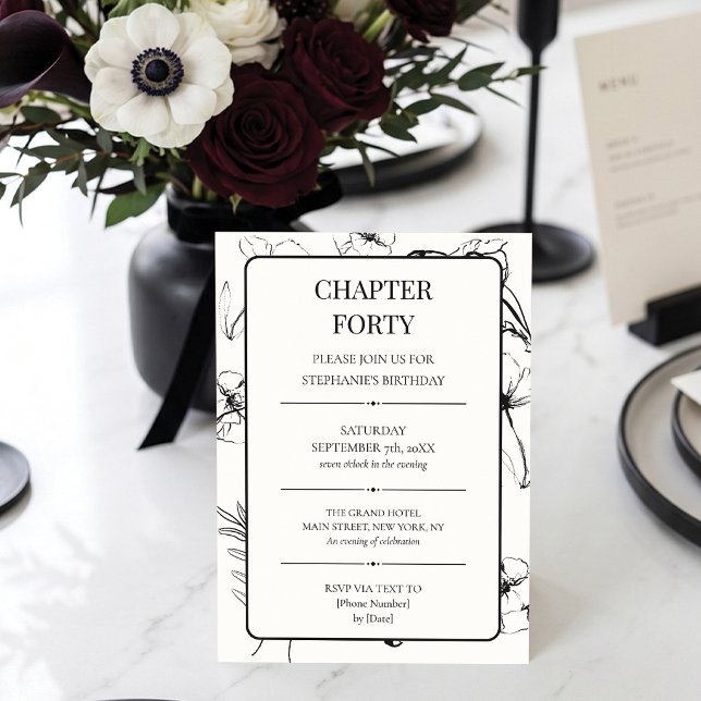 Convites Capítulo Quarenta Preto e Branco 40º Aniversário (Ready for Chapter 40? ✨ Celebrating in style! 🥂)
