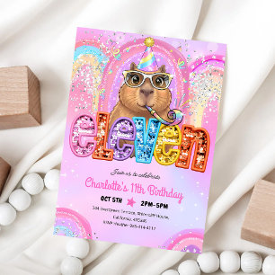 Convites Capivara Préppy Rosa Aniversário de 11 anos