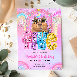 Convites Capivara Préppy Rosa Aniversário de 5 anos