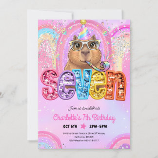 Convites Capivara Préppy Rosa Aniversário de 7 anos