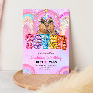 Convites Capivara Préppy Rosa Aniversário de 7 anos