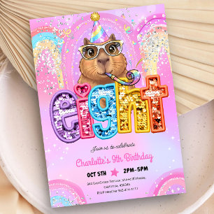 Convites Capivara Préppy Rosa Aniversário de 8 Anos