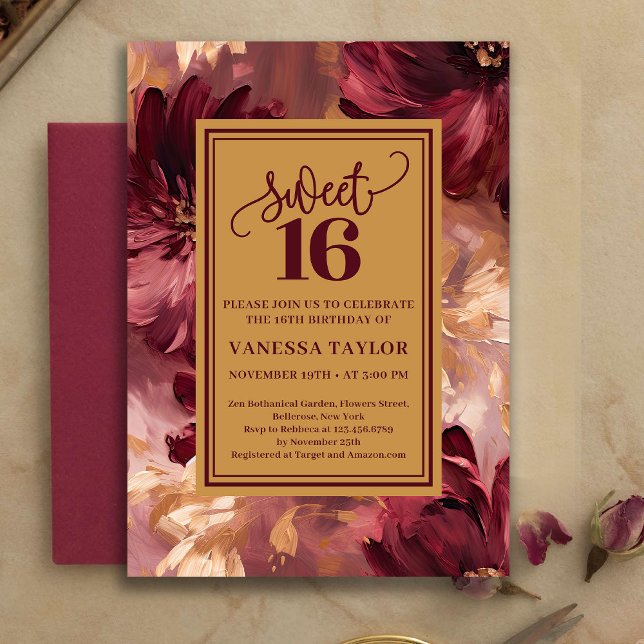 Convites Caprichoso Boho Doze Anos em Tom de Borgonha e Ros (Whimsical Sweet Sixteen Burgundy Blush Floral Invite)