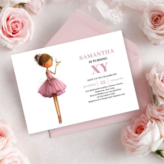 Convites Caprichosos de Aniversário de Menina Fada (Whimsical Fairy Girl Birthday Dusty Pink invitation)