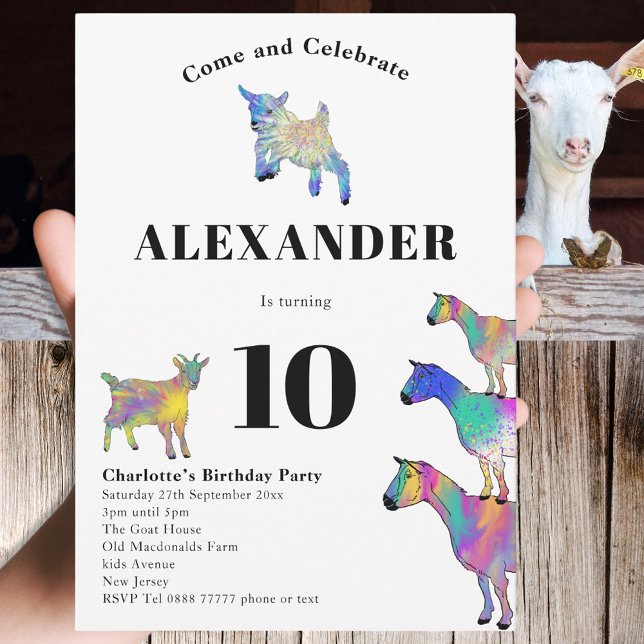 Convites Caprinos Coloridos 10ª Festa de aniversário (Cute Goat themed colorful farm animal art 10th birthday party invitation )