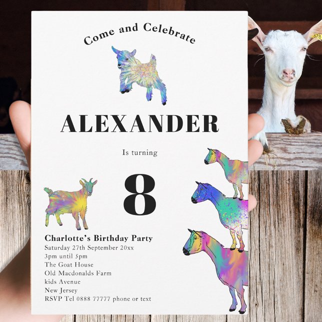 Convites Caprinos cortantes Fazenda Festa de aniversário 8. (Cute goats colorful farm animal watercolor art 8th birthday party invitation)