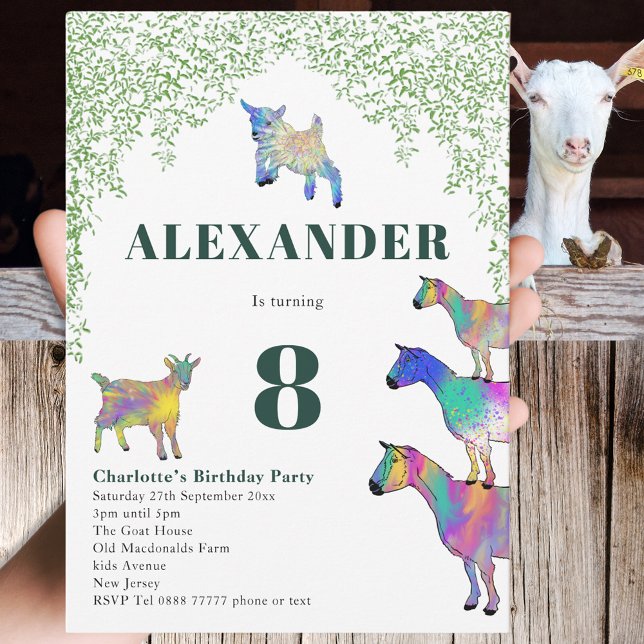 Convites Caprinos Fazenda 8.a Festa de aniversário (Goats cute farm animal 8th birthday party invitation fun Colorful watercolor goat art)