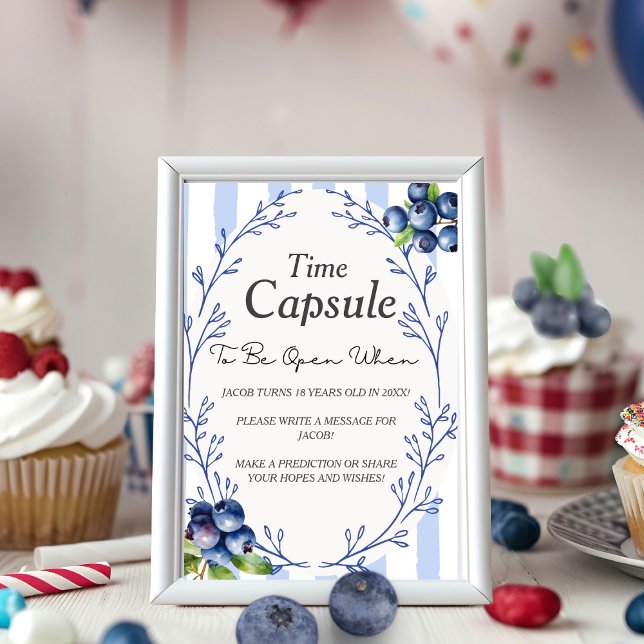 Convites Capsula do Tempo de Aniversário Placa de MORANGO A (Birthday Time Capsule BLUEBERRY Sign )