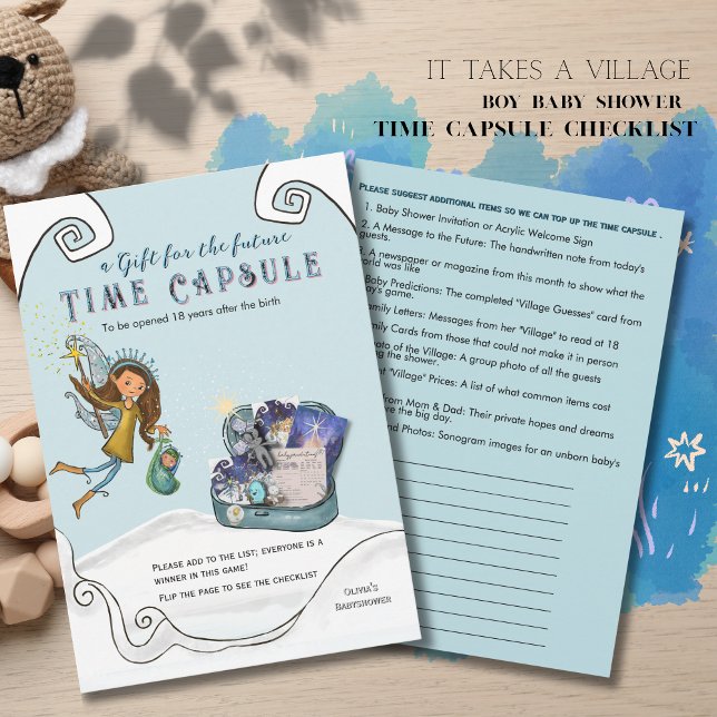 Convites Cápsula do Tempo para Chá de Bebê Azul Sugestão Ch (Blue Baby Shower Time Capsule Sugestion Checklist Invitation)