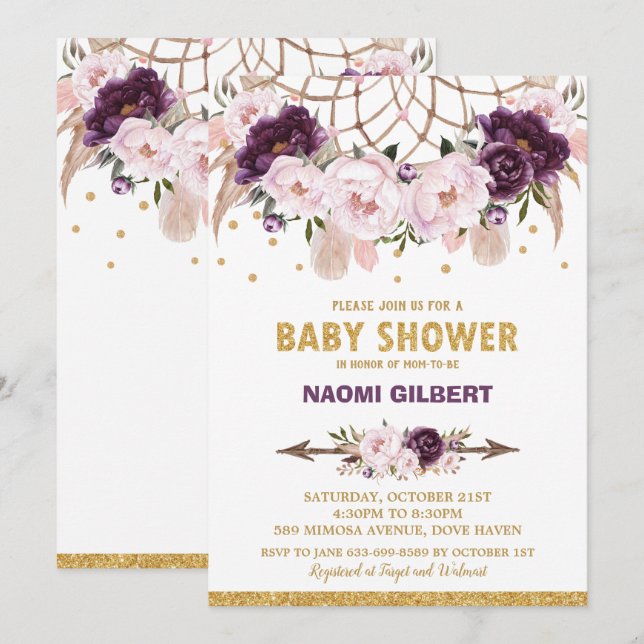 Convites Capturador de Sonhos Floral Baby Shower Menina Ros (Frente/Verso)