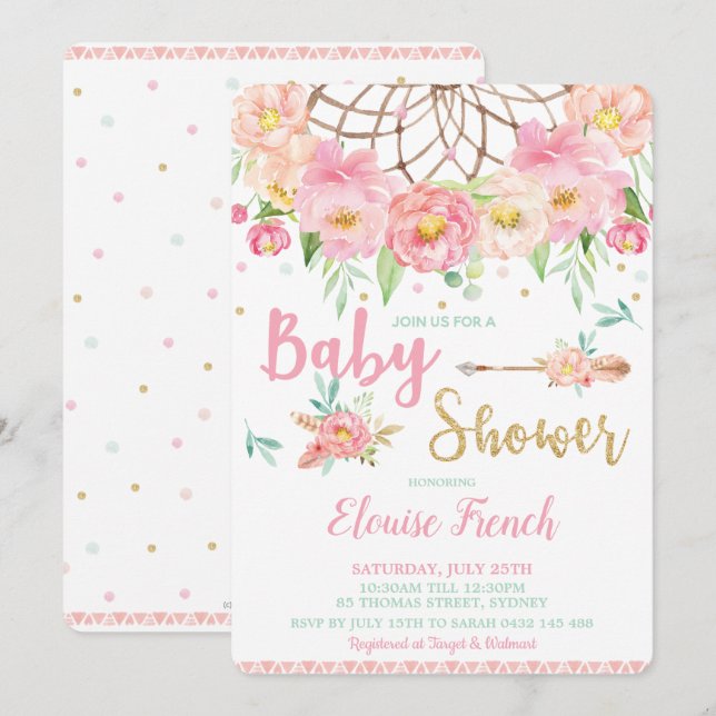 Convites Capturador de Sonhos Menina Rosa Boho Chá de Bebê (Frente/Verso)
