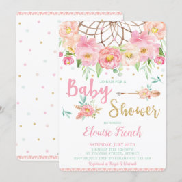 Convites Capturador de Sonhos Menina Rosa Boho Chá de Bebê