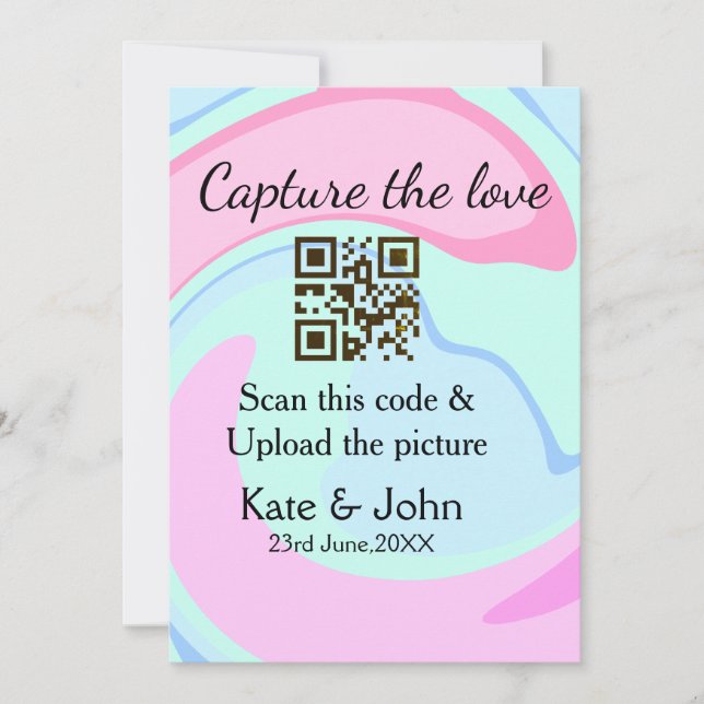 Convites Capture o amor adicione QR scan mármore rosa azul  (Frente)