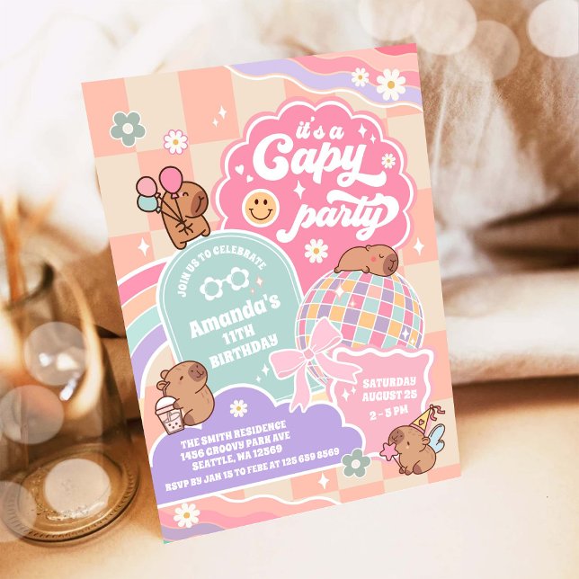 Convites Capy Party Cloud Rainbow Disco Birthday Invitation (Criador carregado)