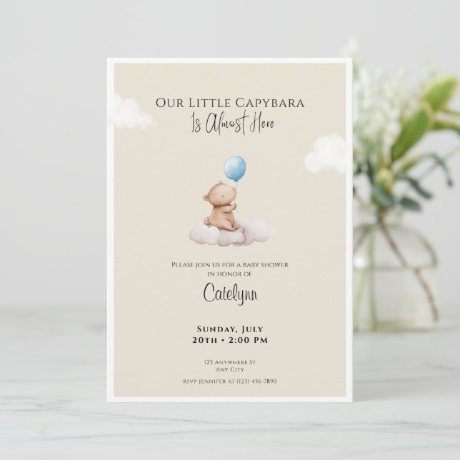 Convites Capybara Baby Shower Invitation Cloud and Balloon (Em pé/Frente)