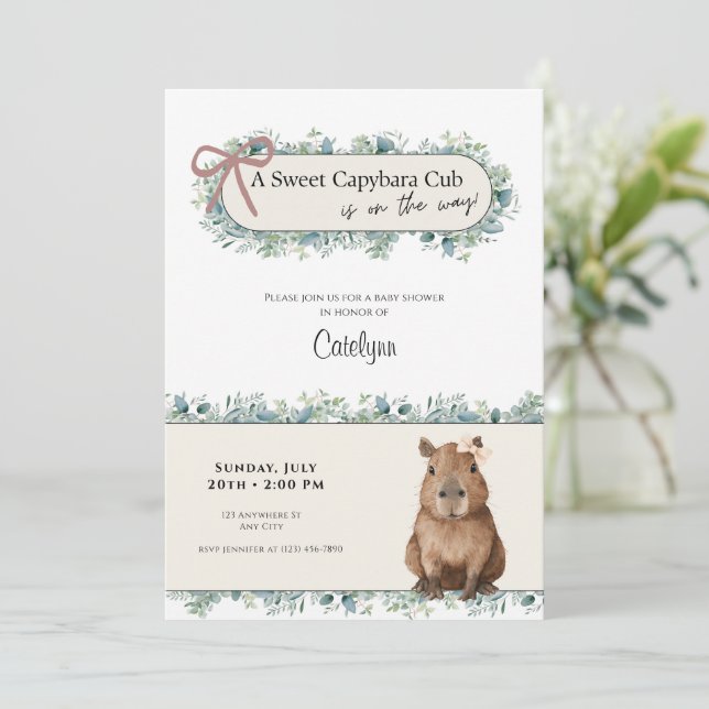 Convites Capybara Baby Shower Invitation • Greenery Theme (Em pé/Frente)