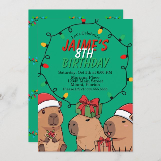 Convites Capybara Christmas Lights Birthday Party  (Frente/Verso)