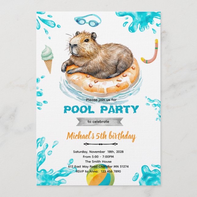 Convites Capybara Pool Party Birthday Invitation (Frente)