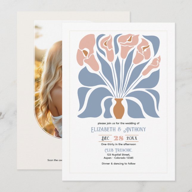 Convites Caramel & Dusty Blue Abstract Floral Boho Wedding (Frente/Verso)