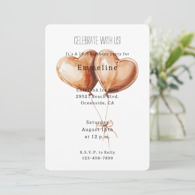 Convites Caramel Heart Balloons Birthday (Em pé/Frente)