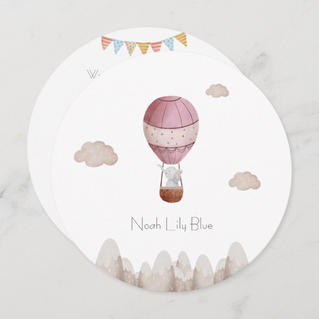 Convites Card (Circle) - Birth Announcement Elephant (Frente/Verso)