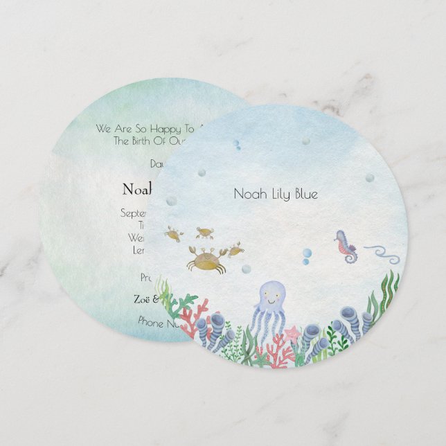 Convites Card (Circle) - Birth Announcement Ocean (Frente/Verso)