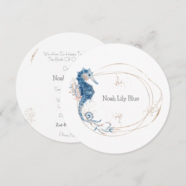 Convites Card (Circle) - Birth Announcement Ocean Kaart (Frente/Verso)