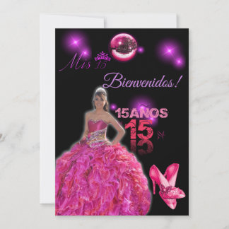 Convites card of 15 black with fuxia bienvenidos