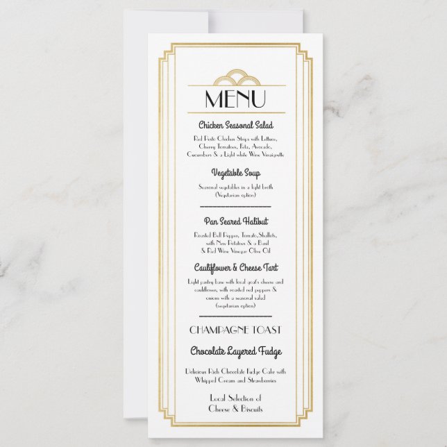 Convites Cardápio Art Deco Dourado Branco Recepção de Casam (Frente)