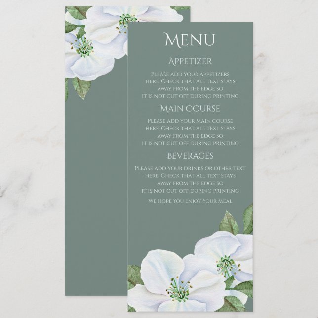 Convites Cardápio Casamento Flor de Maçã Branca (Frente/Verso)