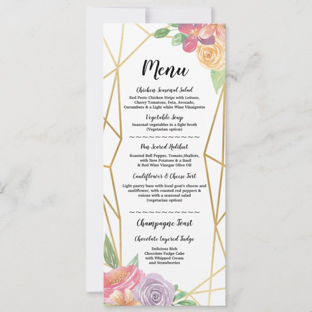 Convites Cardápio Casamento Recepção Menu Dourado Floral Ru (Frente)