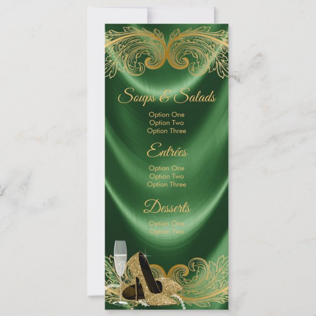 Convites Cardápio de Aniversário Verde Esmeralda e Dourado (Frente)