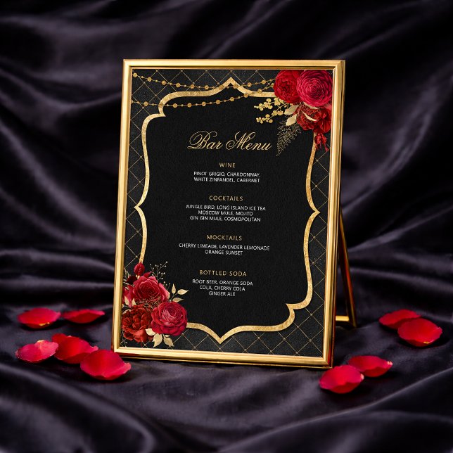 Convites Cardápio de Bar Vermelho Preto e Dourado (Red Black and Gold Bar Menu)