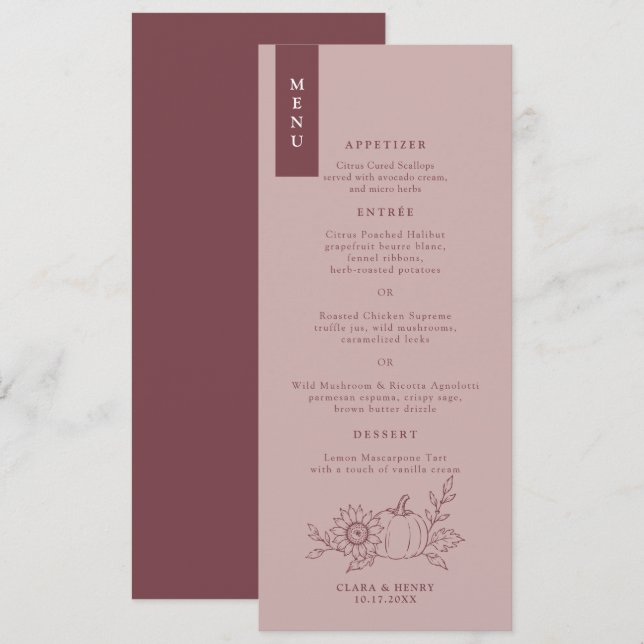 Convites Cardápio de Casamento Abóbora Comprido em Rosa Emp (Frente/Verso)