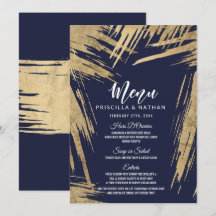 Cardápio de Casamento Azul Naval com Pinceladas Mo