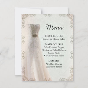 Convites Cardápio de casamento branco elegante, vestido de