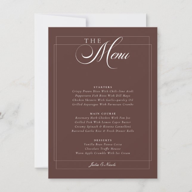 Convites Cardápio de Casamento Caligrafia Marfim Castanho C (Frente)