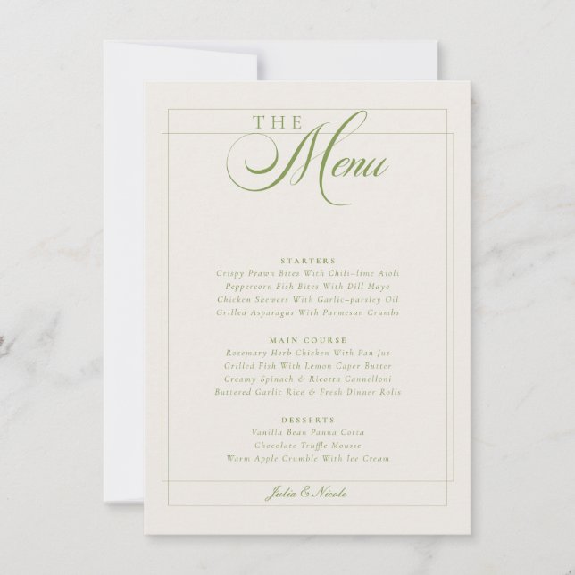 Convites Cardápio de Casamento Caligrafia Marfim Verde Oliv (Frente)