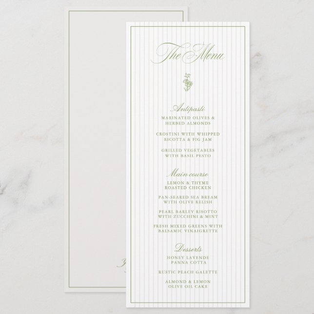 Convites Cardápio de Casamento Clássico em Listras Verde-Sa (Frente/Verso)