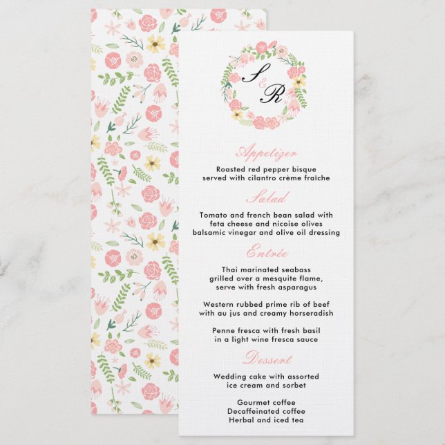 Convites Cardápio de Casamento com Coroa Floral Monograma (Frente/Verso)
