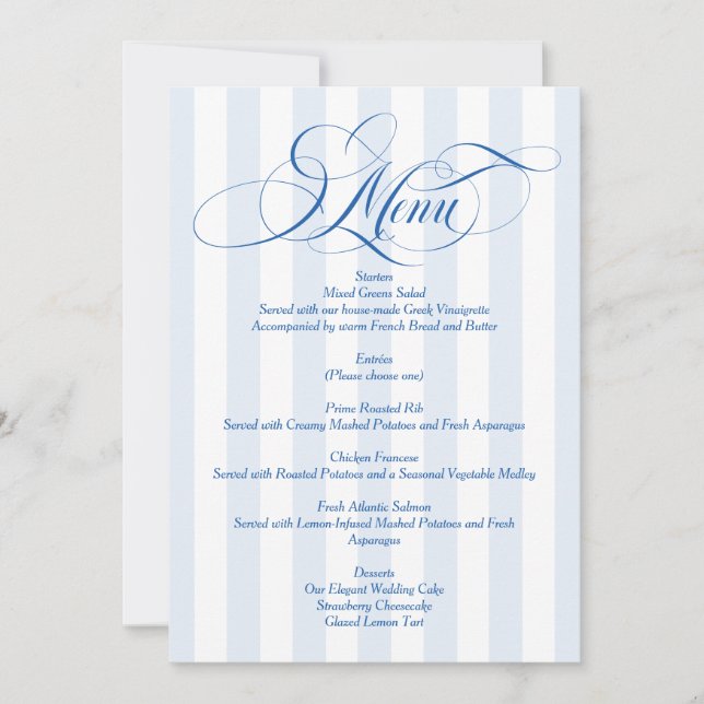 Convites Cardápio de casamento com escrita elegante listrad (Frente)